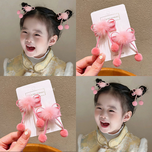 女童粉色可爱毛球发夹儿童国风汉服头饰宝宝蝴蝶结发卡子新年发饰