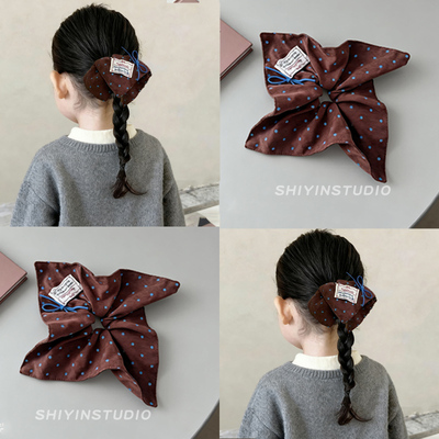 韩系儿童布鲁蓝咖波点方巾发圈