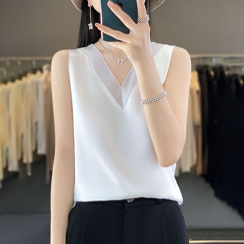 高级感重磅真丝V领桑蚕丝吊带背心女气质百搭西装内搭缎面打底衫