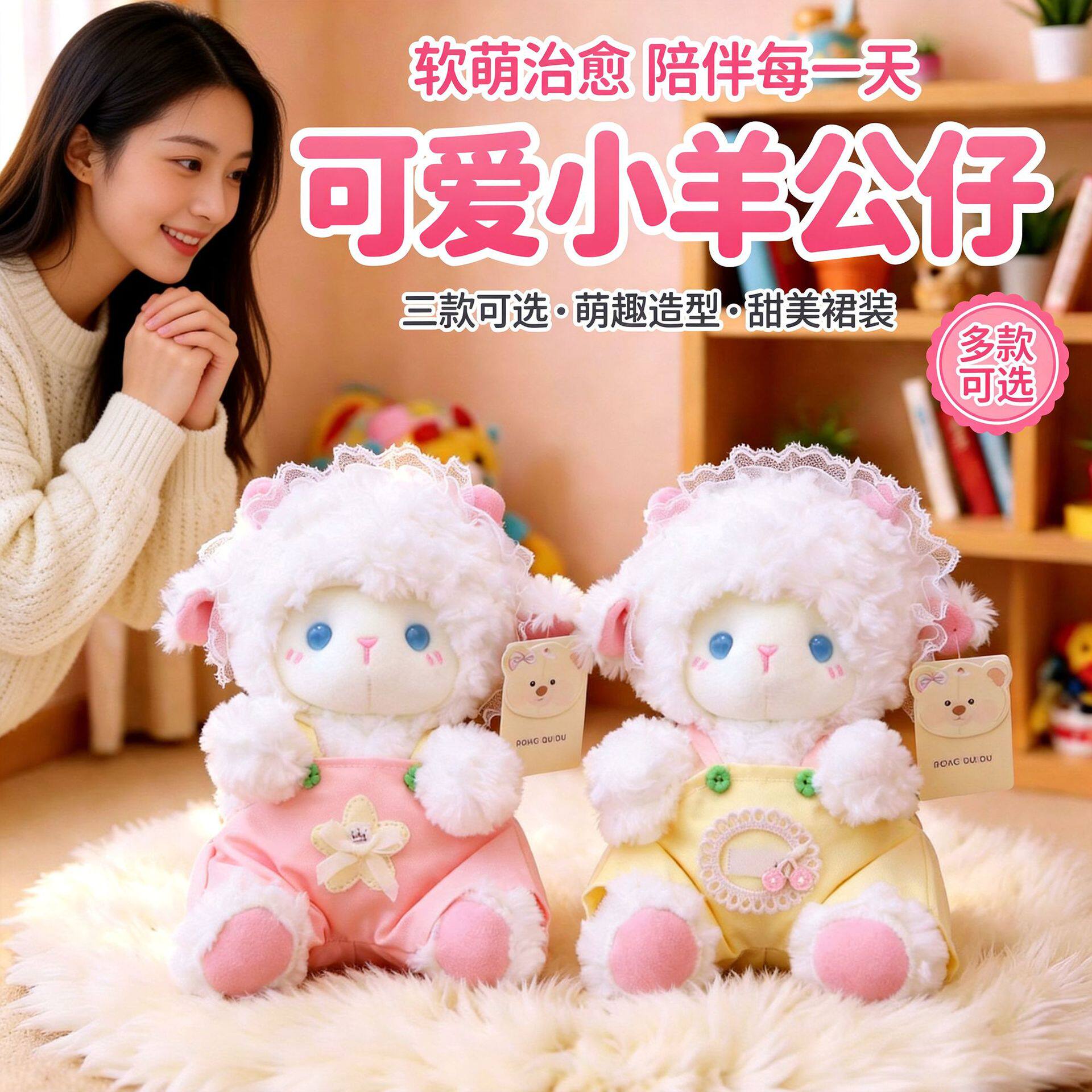 新款围兜小羊抱枕毛绒玩具蝴蝶结抱枕玩偶公仔布娃娃礼物生日背带