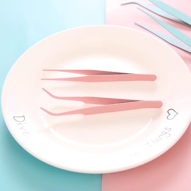 DIY彩色尖头弯头夹子马卡龙粉色睫毛手工手账镊子不锈钢镊子