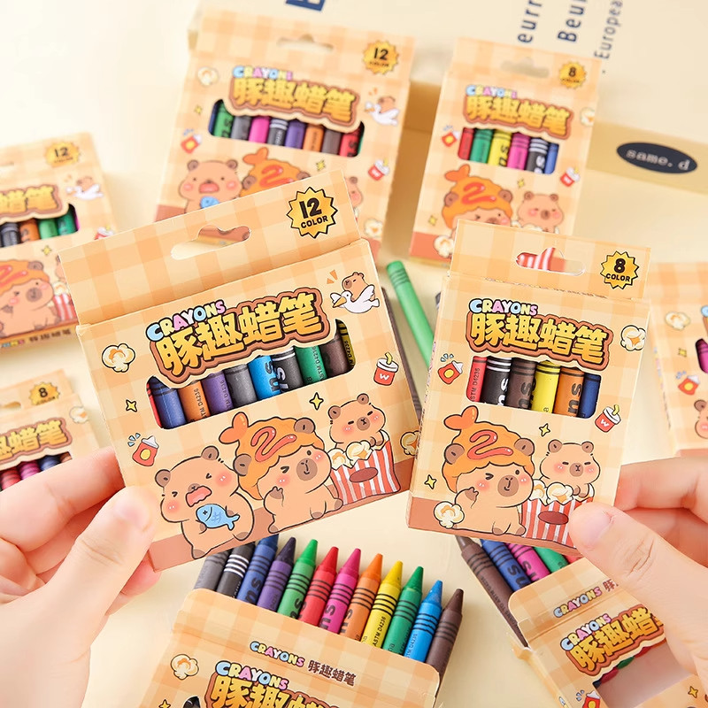 儿童可爱卡通文具12色迷你水豚小蜡笔 幼儿园学生涂鸦小学生礼品