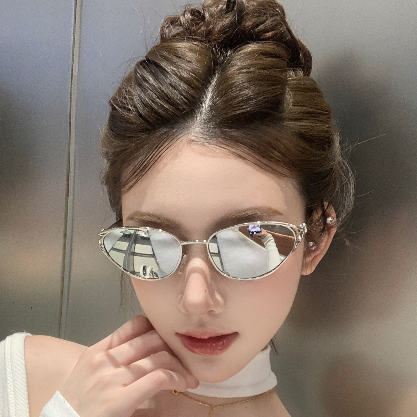 欧美金属猫眼墨镜女款水银反光个性旅游拍照凹造型太阳眼镜男复古