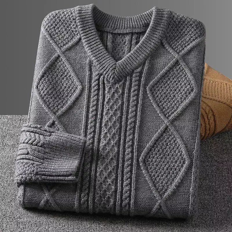 秋冬款加厚保暖套头大码男士毛衣V领毛线衣青中年外穿休闲针织衫
