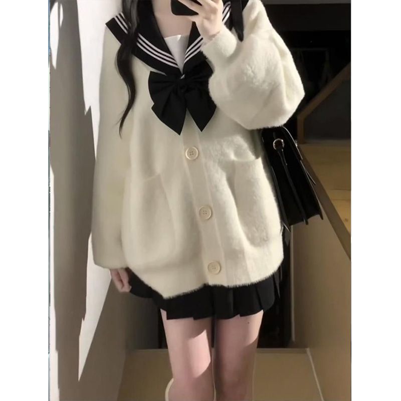 2025新款日系学院风穿搭慵懒宽松毛茸茸水貂绒针织毛衣开衫jk外套