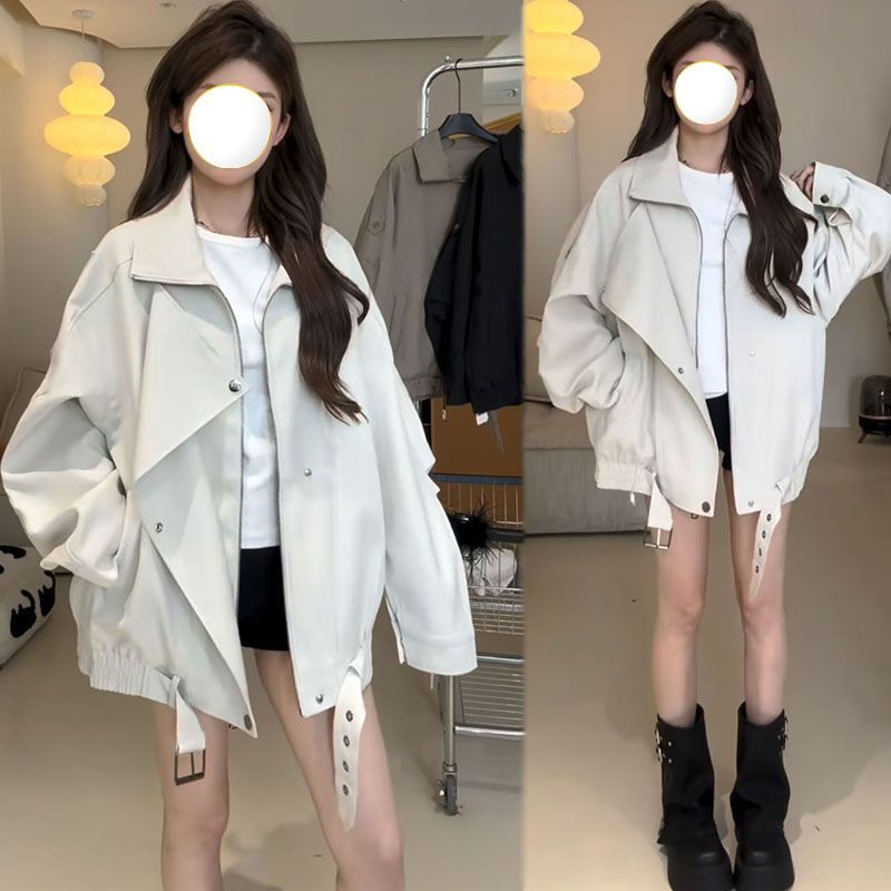 2025酷飒复古翻领风衣外套男女春秋新款美式机车服廓形高级感夹克