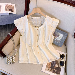 衬衫 镂空小衫 女夏季 宽松洋气法式 上衣 2025新款 高级感小香风小飞袖