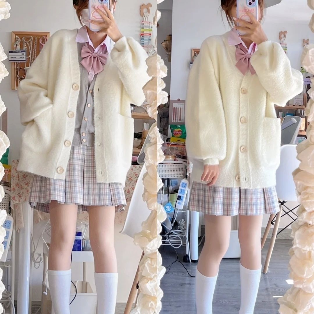 日系甜美学院风毛衣女jk外套春秋季毛茸茸慵懒风宽松针织开衫上衣