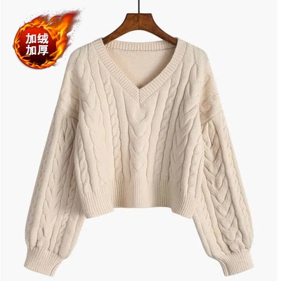 V领加绒加厚毛衣女2025新款宽松针织衫短款纯欲风上衣打底衫女