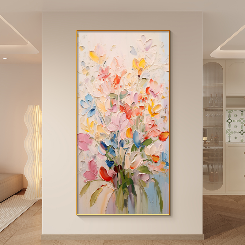 彩色肌理花卉奶油风玄关装饰画小众艺术入户门正对墙挂画竖版壁画图片