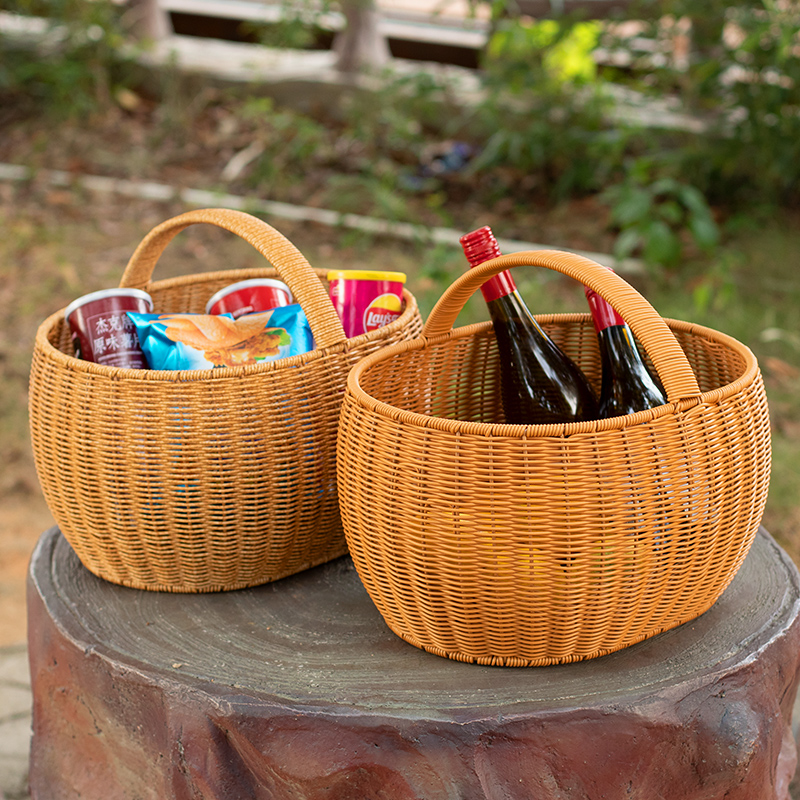 桂味源手提篮购物篮仿藤编户外大号野餐工具篮水果篮家用买菜篮子