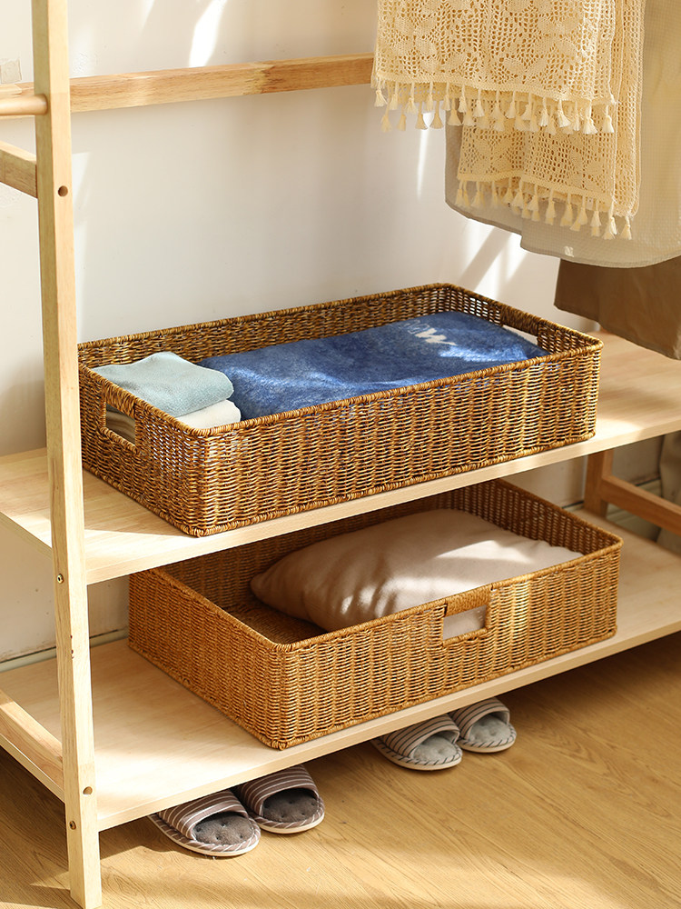 彷藤编收纳筐长方形客厅电视柜茶几抽屉整理篮玄关杂物收纳储物筐