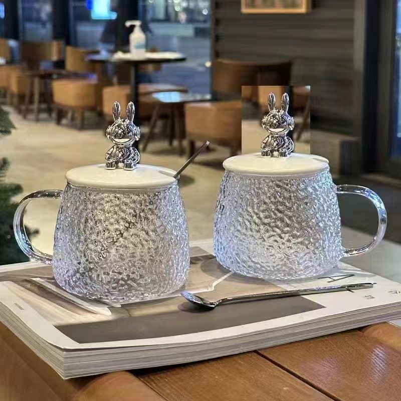 小熊杯子ins高颜值花茶杯简约早餐玻璃杯带盖可爱马克杯大肚水杯