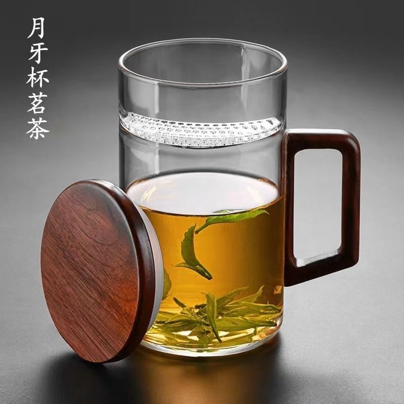 耐高温玻璃茶杯高硼硅材质绿茶杯月牙过滤一体泡茶杯家用木把杯子