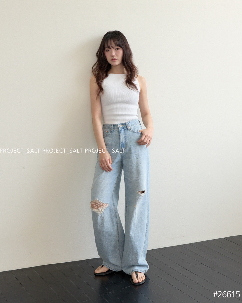 PROJECT SALT韩国代购正品2026春夏新款高腰显瘦破洞宽松牛仔裤女