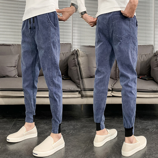 秋季网红束脚牛仔裤男潮流韩版休闲裤精神小伙修身九分小脚裤子男