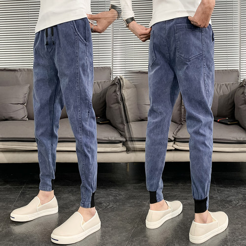 秋季网红束脚牛仔裤男潮流韩版休闲裤精神小伙修身九分小脚裤子男