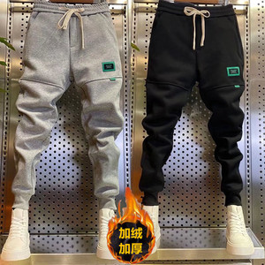 春秋款潮牌加绒休闲裤子男士痞帅冬季2024新款百搭束脚运动卫裤