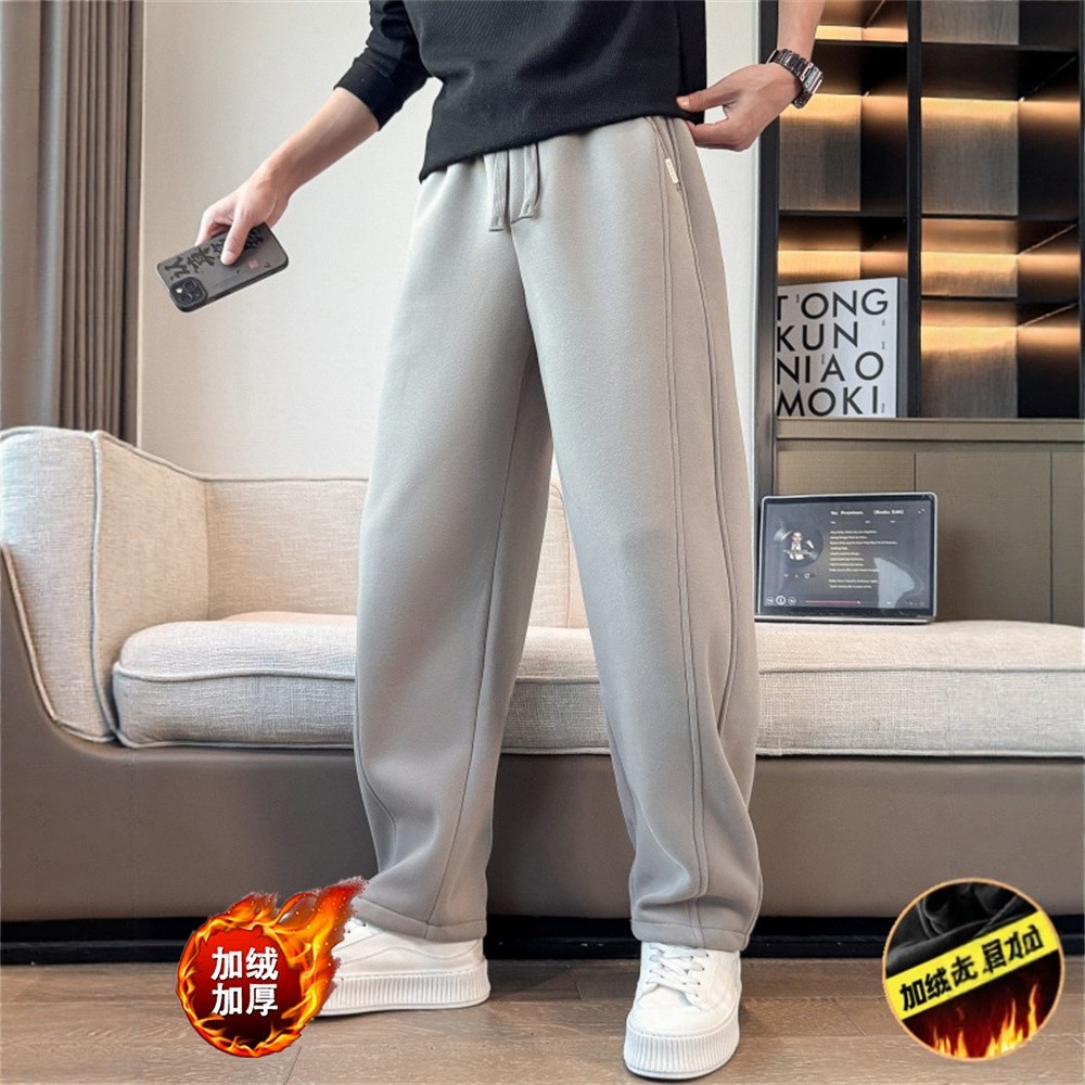 高级感初中生加绒卫裤男士2025秋冬款宽松直筒裤子男潮牌弯刀长裤