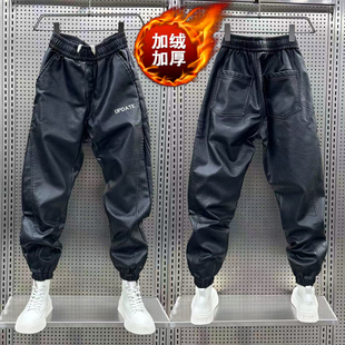 冬天加绒加厚男士PU皮裤外卖骑手防风防雨保暖束脚裤秋冬款休闲裤
