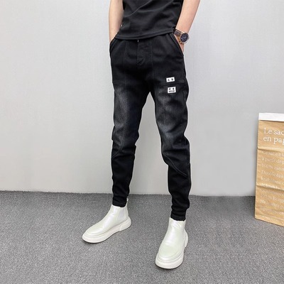 男士2024年新款春秋季小脚裤子男百搭哈伦裤潮牌痞帅修身牛仔裤