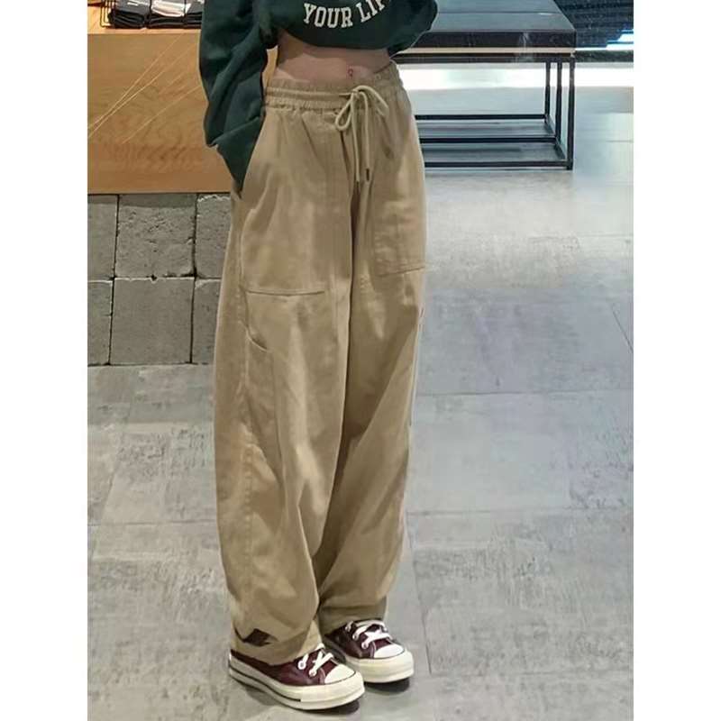 美式复古工装裤女夏季薄款宽松阔腿显高长裤设计感辣妹直筒运动裤