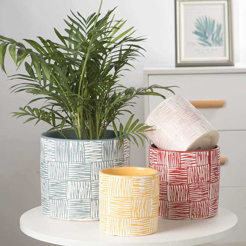 北欧风线条圆筒大号陶瓷花盆家用室内透气白掌散尾葵植物花盆包邮