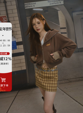 F1os 美式复古格纹高腰半身裙女姜黄色直筒气质修身显瘦半身裙