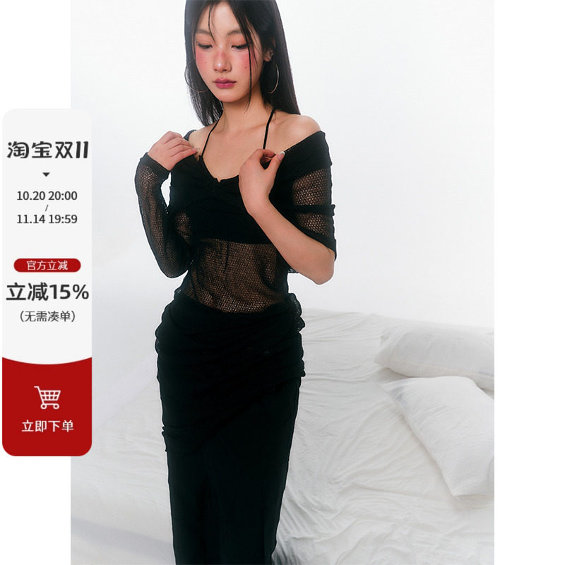 F1os 黑夜魅影 小心机设计镂空连衣裙女性感纯欲拼接网纱气质长裙