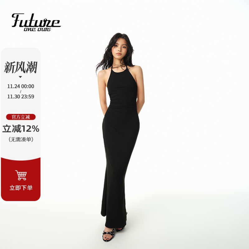 F1os原创黑色露背挂脖气质连衣裙