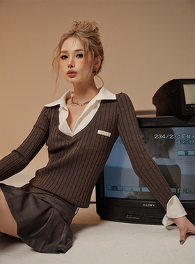 F1os 慵懒叠穿 美式复古学院风设计针织衫女拼接设计POLO领假两件