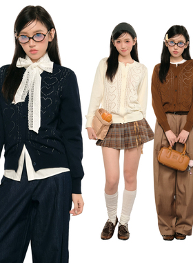 F1os原创设计 三色粗棒针镂空爱心勾花针织开衫女上衣ffu新年外套