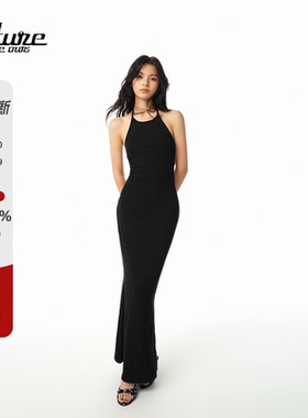 F1os原创设计露背挂脖连衣裙黑色绑带小众包臀显瘦性感辣妹无袖裙