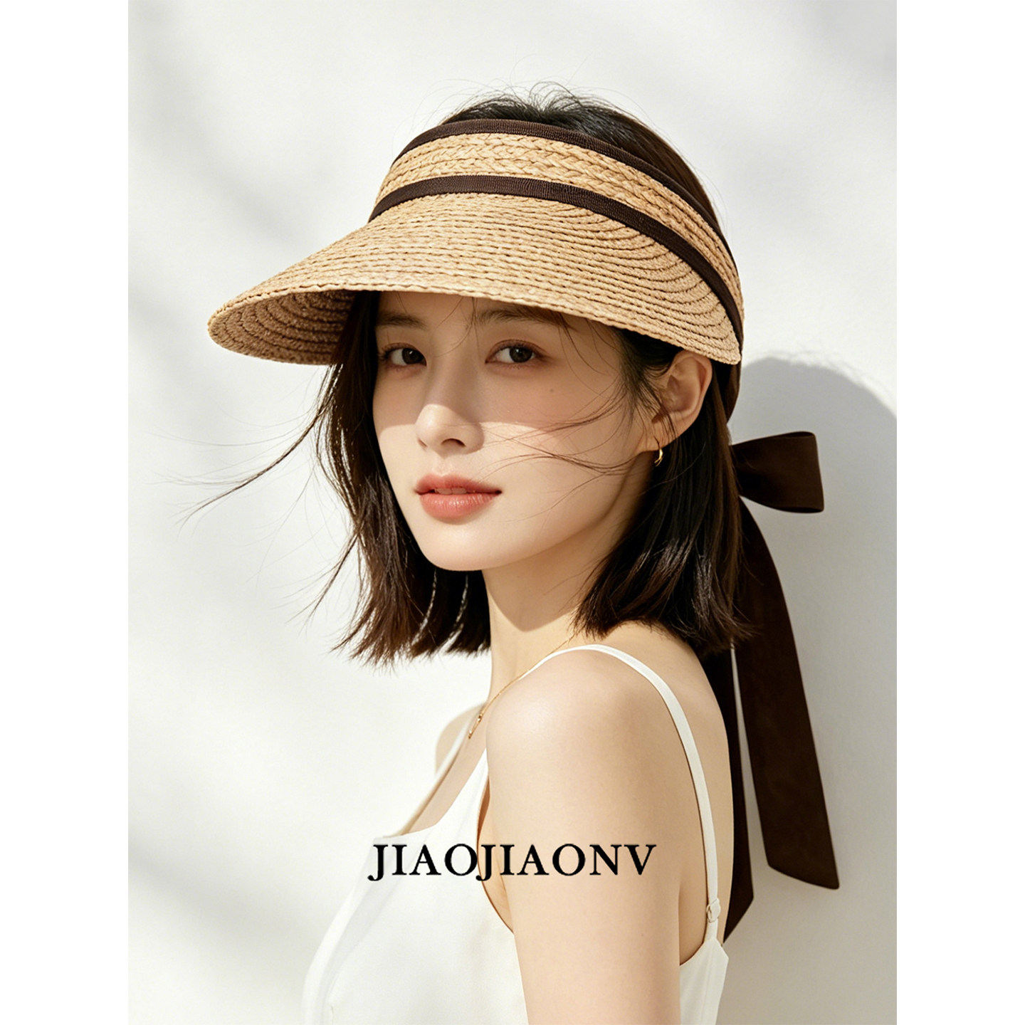 高品质拉菲草编织空顶帽女网红蝴蝶结无顶太阳帽日系气质防晒帽子