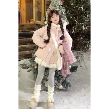 日系甜美设计感粉色毛领连帽棉服外套女2024冬季新款短款羽绒棉服