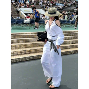 气质美学两件套 慵懒系法式 休闲露肩V领上衣阔腿裤 女22025夏季 新款