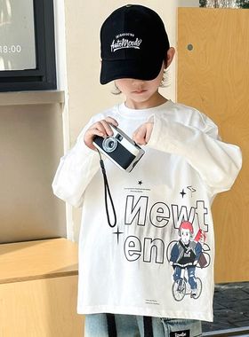男童白色t恤长袖早秋装2025新款中大童纯棉打底衫字母儿童体恤潮T