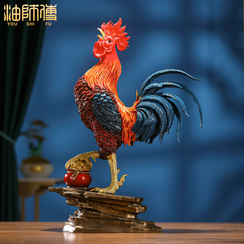 油师傅黄铜打鸣公鸡摆件大吉大利新中式酒柜玄关店铺装饰开业礼物