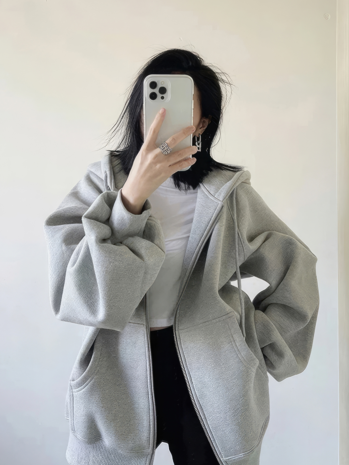 灰色卫衣外套女连帽2025新款宽松慵懒风秋冬加绒加厚开衫拉炼上衣