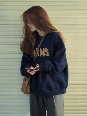 藏蓝色圆领卫衣女加绒加厚2025新款秋冬季宽松慵懒风韩系无帽上衣