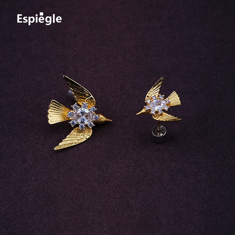 Espiegle辉夜自由体操系列锆石古法镀金小鸟耳钉