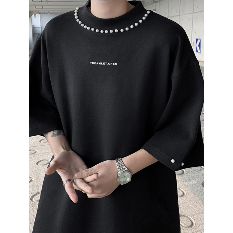 珍珠垫肩半高领短袖t恤