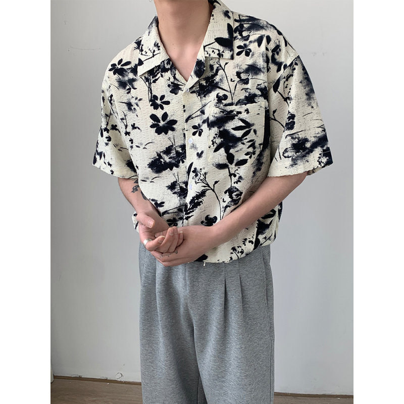 黑白碎花短袖衬衫男款夏威夷