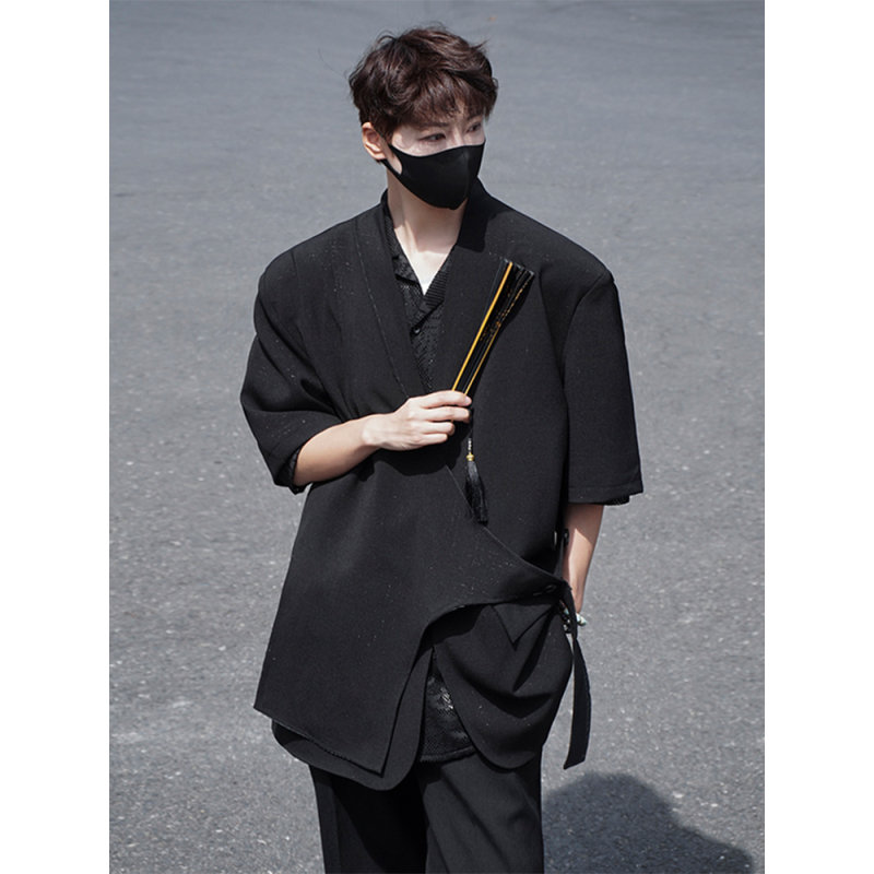 高级感假两件短袖垫肩西装