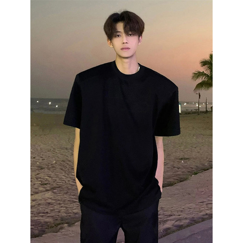 美式高街纯棉垫肩t恤男夏