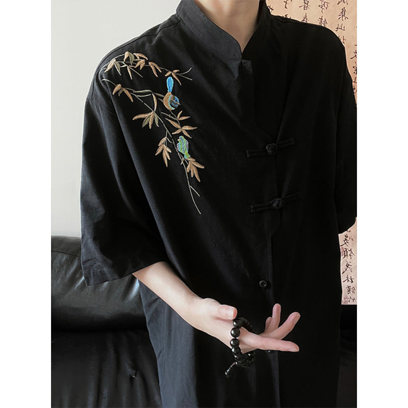 新中式盘扣刺绣国风短袖衬衫