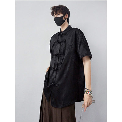 新中式暗纹提花短袖衬衫男