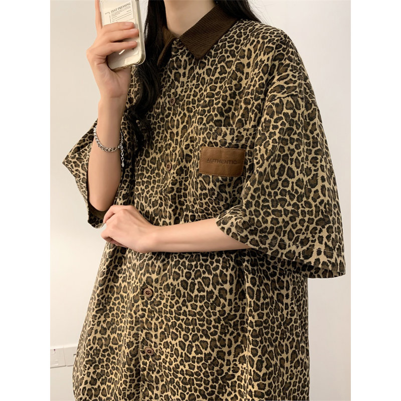 美式豹纹提花牛仔衬衫男