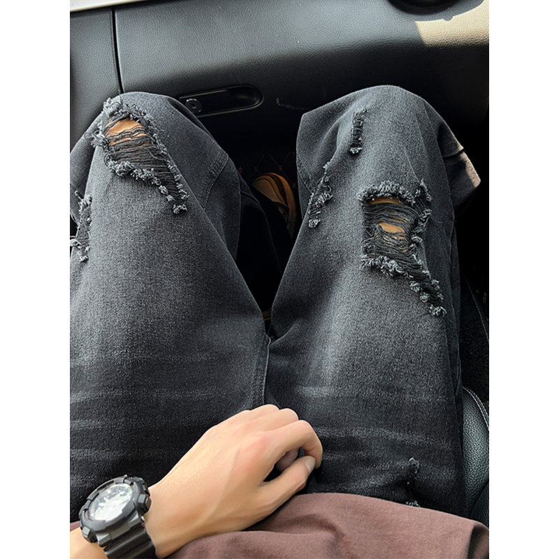 黑灰色破洞牛仔裤男美式