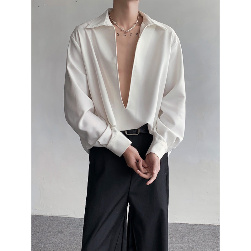 冷淡风男装大V领白色衬衫男